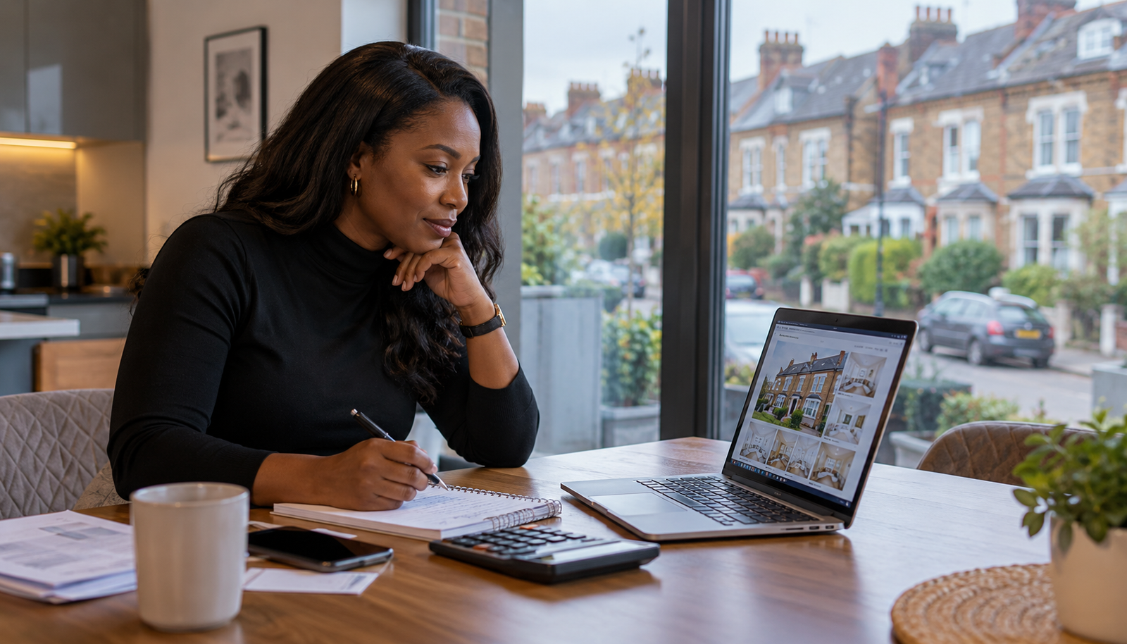 A woman at her dining table reviewing property listings on a laptop and making notes beside a calculator